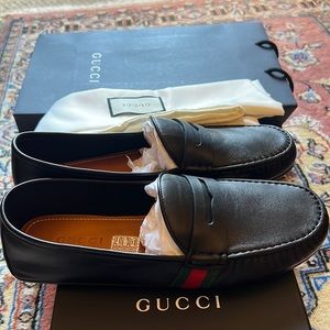 Brand New with Box and shoe covers — GUCCI BLACK STRIPED PENNY LOAFER - MEN'S
